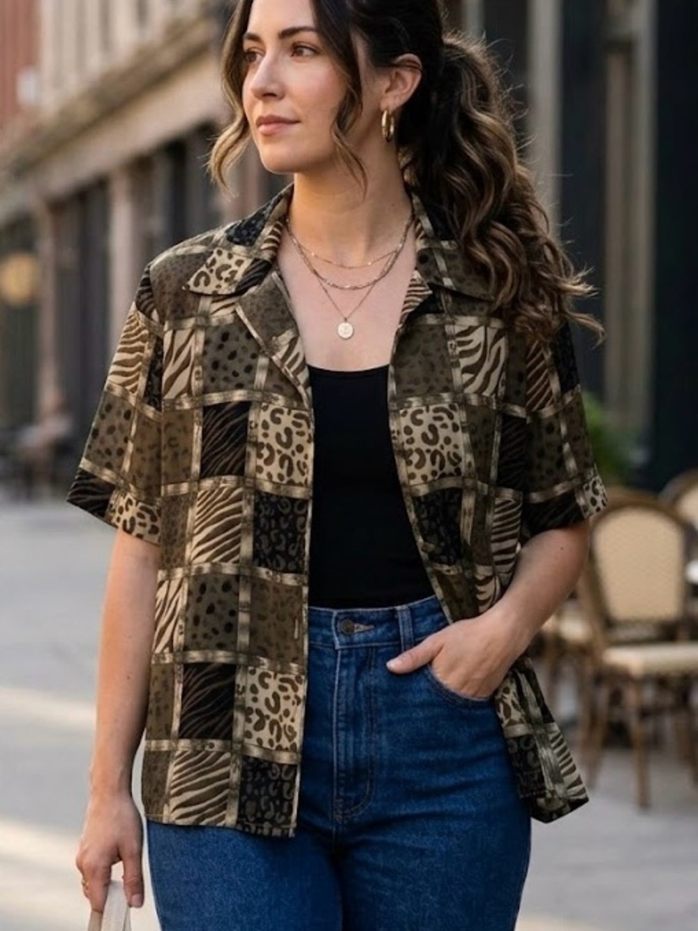 Tradition Patchwork Animal Print Leopard Short Sleeve Shirt Size 12 Boho Mobwife